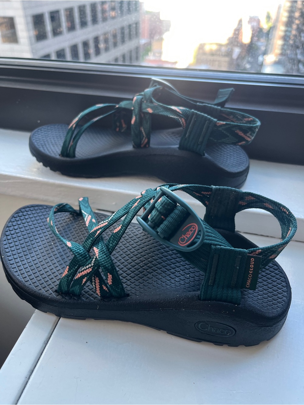 Chaco Teal Strappy Sandals with Coral Accent